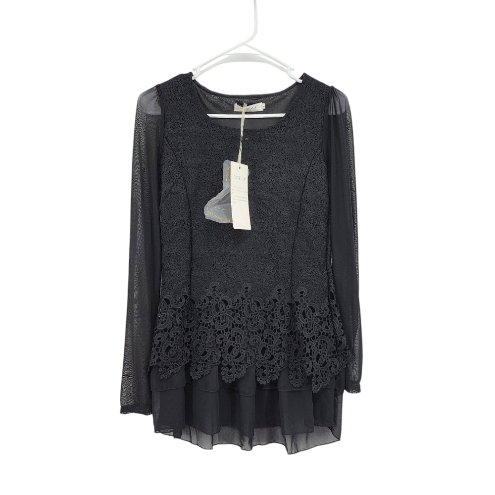 Zihan Women's Layering Mesh Lace Long Sleeves Tunic Witchy Goth Top - M/L